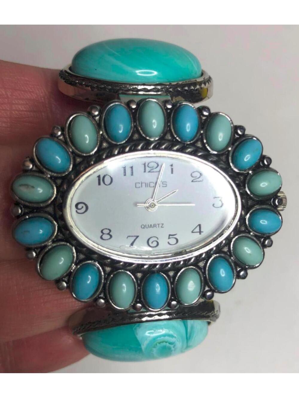 7631 Chico’s Women watch Silver tone w Teal Accents faux turquoise *Battery